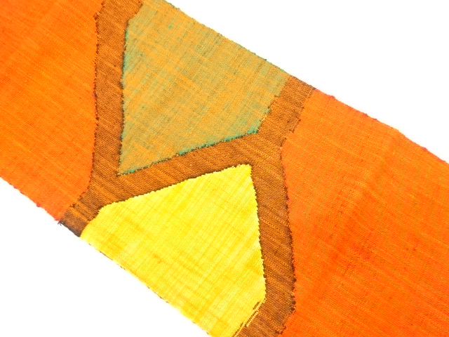 手織り真綿紬　幾何学模様織り出し　名古屋帯